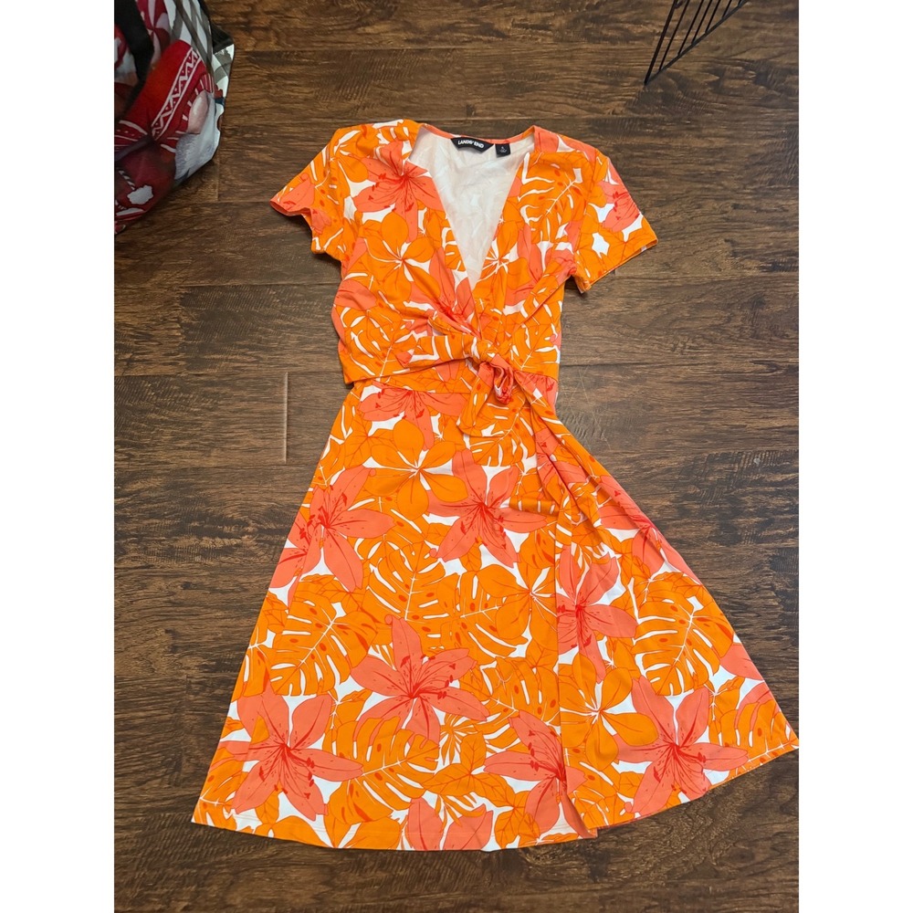 Lands End Womens Orange Tropical Floral Monstera Tie Front Faux Wrap Dress S 6-8